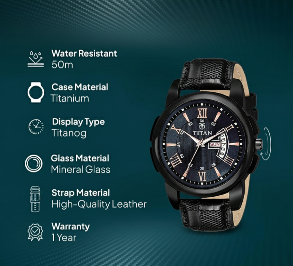 Titan Automatic Watch – Titanium Series*  
Engineered for precision. Designed for distinction.  
Crafted with a *lightweight titanium case*, this automatic watch combines durability, comfort, and timeless elegance. The open-heart dial showcases its self-