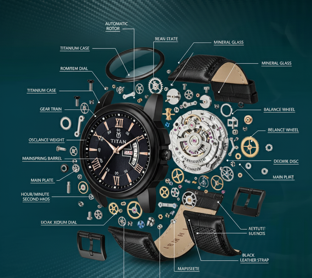 Titan Automatic Watch – Titanium Series*  
Engineered for precision. Designed for distinction.  
Crafted with a *lightweight titanium case*, this automatic watch combines durability, comfort, and timeless elegance. The open-heart dial showcases its self-