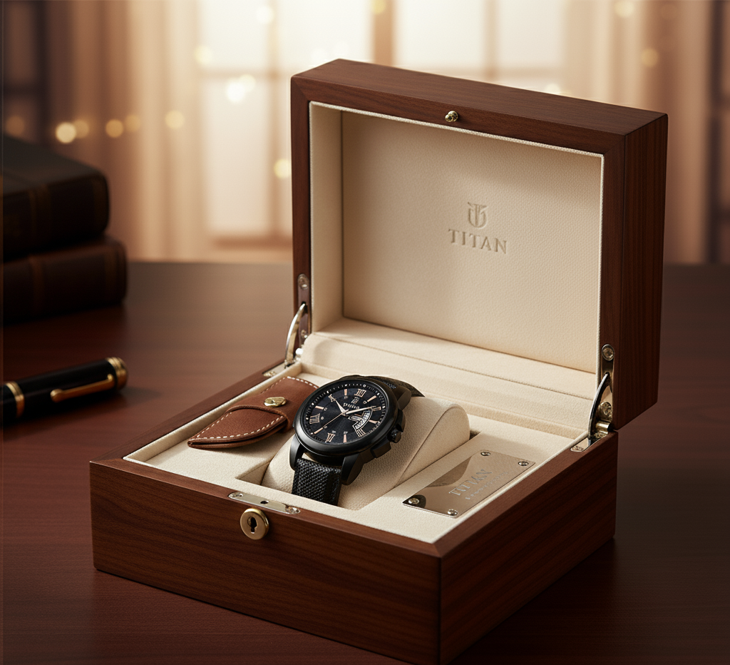 Titan Automatic Watch – Titanium Series*  
Engineered for precision. Designed for distinction.  
Crafted with a *lightweight titanium case*, this automatic watch combines durability, comfort, and timeless elegance. The open-heart dial showcases its self-